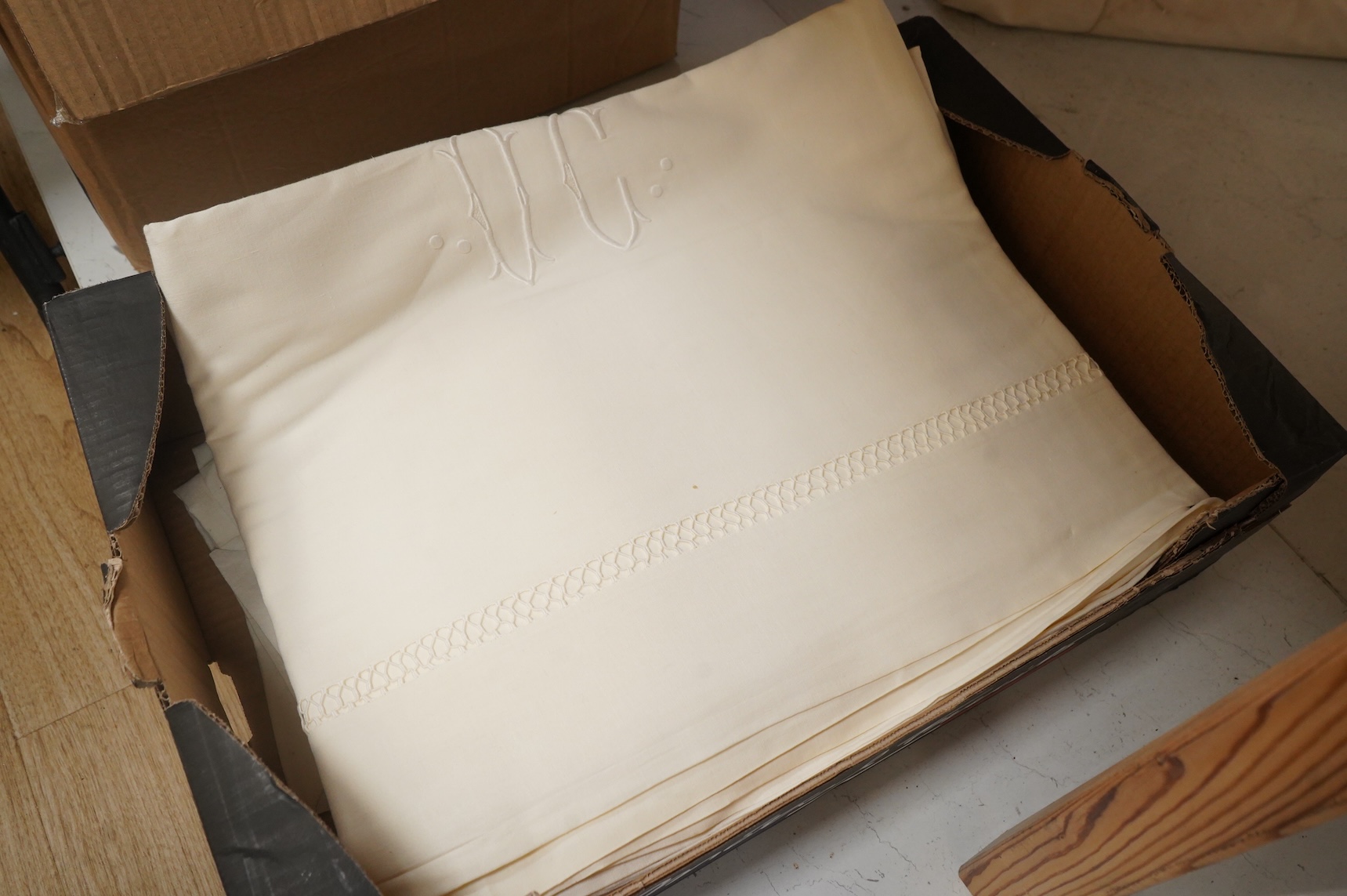 Five French provincial coarse linen drawn thread and monogrammed French top sheets
